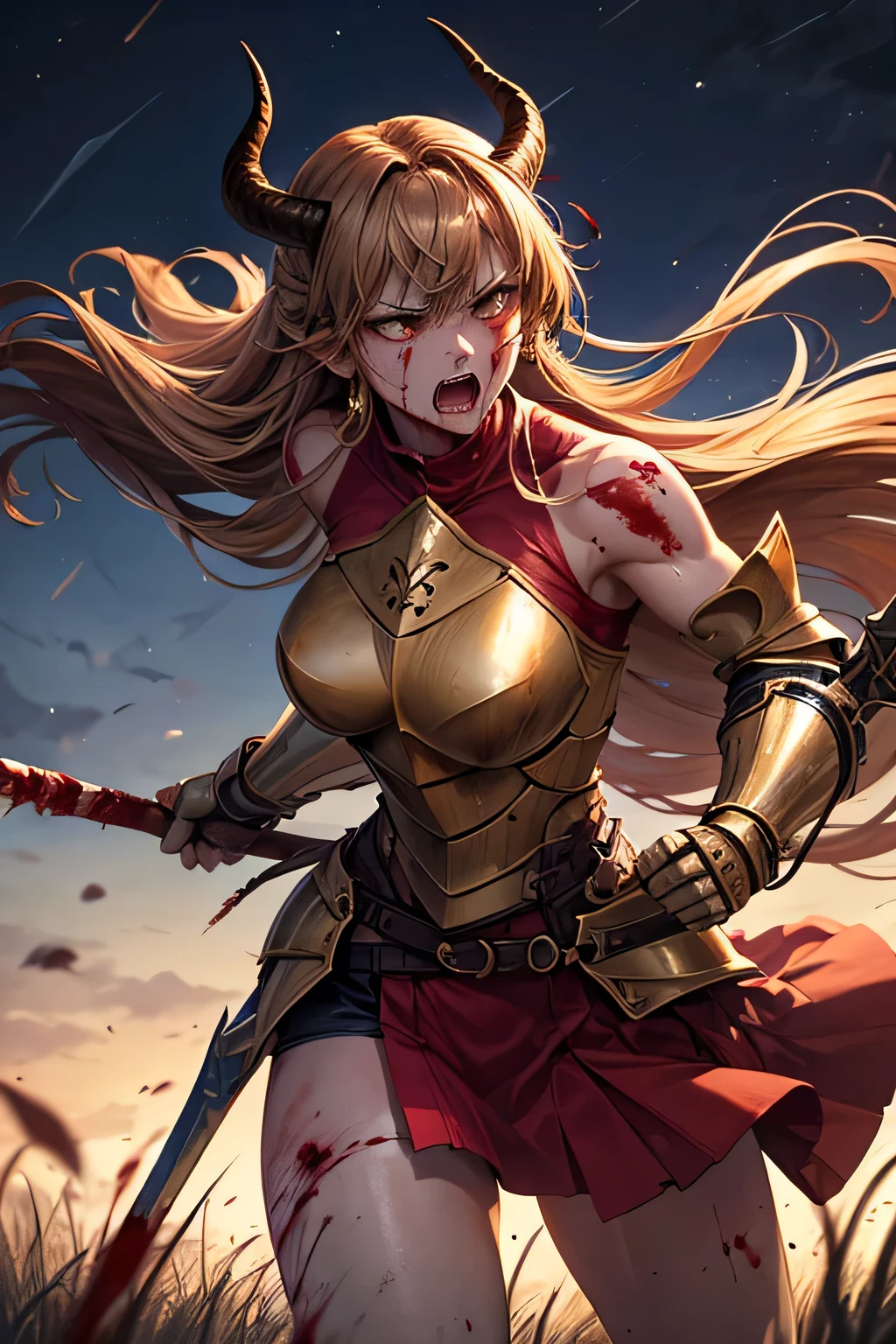 foco solo, (master part), best quality, ultra-detalhado, illustration, fantasia, (largo_injection:1.2), , (caixa de correio), Dutch angle, (((1 lutadora guerreira, (Ahoge, Longas, French blonde hair braids) (Armadura de Sliver) (Armadura de pernas brancas de lasca)  (segurando espada de sangue, lutando com inimigos, cercado por inimigos de armadura )))), , (um grupo de soldados de armadura correndo ao fundo:1.3), Luz_particuls, caustics, Cinematic lighting, HDR, (Volumetric lighting), (blurry foreground:1.3), (foco nítido:1.1), (particleA:0.8), (in the style of dispersion)