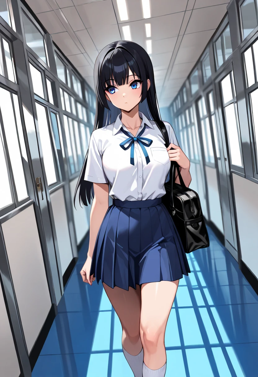 (masterpiece, best quality:1.2), 1girl,bag,bag charm,blue skirt,breasts,brown eyes,brown hair,content rating,cover,cover page,cowboy shot,doujin cover,handbag,holding bag,large breasts,looking at viewer,miniskirt,necktie,plaid,plaid skirt,pleated skirt,school bag,school uniform,shirt,short hair,short sleeves,shoulder bag,skirt,solo