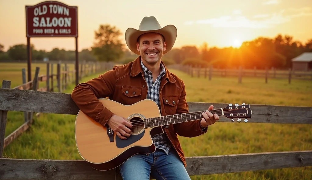 "Create an image of a cheerful country musician sitting on a wooden fence in a scenic rural landscape during sunset. He is wearing a cowboy hat, a brown suede jacket over a checkered shirt, and jeans. He is playing an acoustic guitar with a bright smile, exuding a warm and relaxed vibe. The background features a rustic wooden fence stretching into the distance, lush green fields, and trees under a golden sky. In the top left corner, there is a vintage western-style saloon sign reading 'OLD TOWN SALOON - FOOD, BEER & GIRLS,' enhancing the classic country atmosphere."