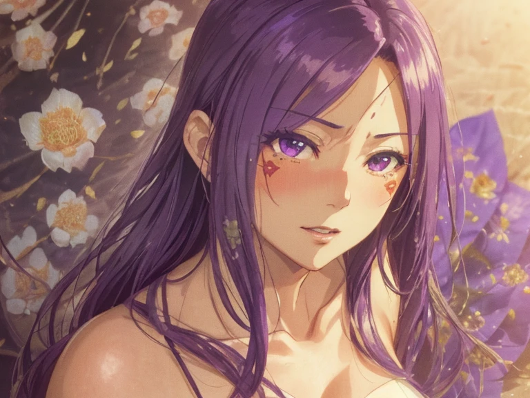Medusa Fairy , FGO Medusa , Ufotable Original Characters, Purple long hair，The forehead is open, Anime Girl , Solitary , detailed purple eyes, 皮肤苍白的美丽白种成Mature Woman人 , Very pretty woman, Tall Goddess, 185cm+ high ,1:8. Head-to-body ratio, 30+Year woman , Busty girl , huge屁股 , Wide hips, Curvy beauty, Soft belly , huge  , F cup chest , ((NUDE:1.5)), Hypersexuality,Blushing with excitement , Submissive girl, Mature Mature Woman Queen, Royal Family, Lewd expression , Expressive face , Half Body, White and blue clothing, Well-dressed, Open cleavage,Royal Family, Mature Woman, Queen