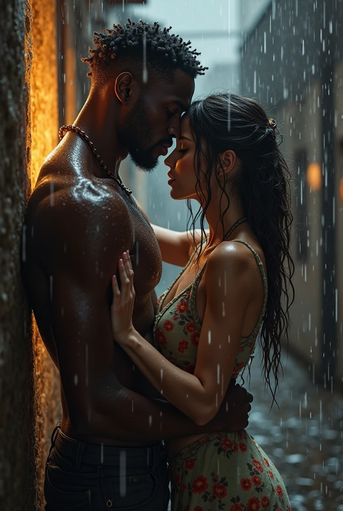 A nude girl with big boobs kissing a man near traffic light and in day raining time.