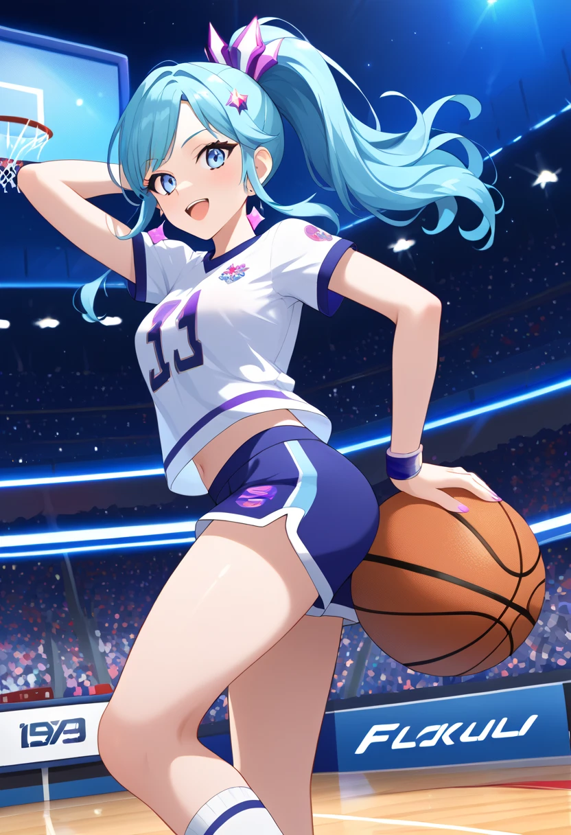 masterpiece, highest quality, Pop illustrations, Pop colors, Pastel Tones, pastel colour,Big Butt,basketball,Miniskirt,smile