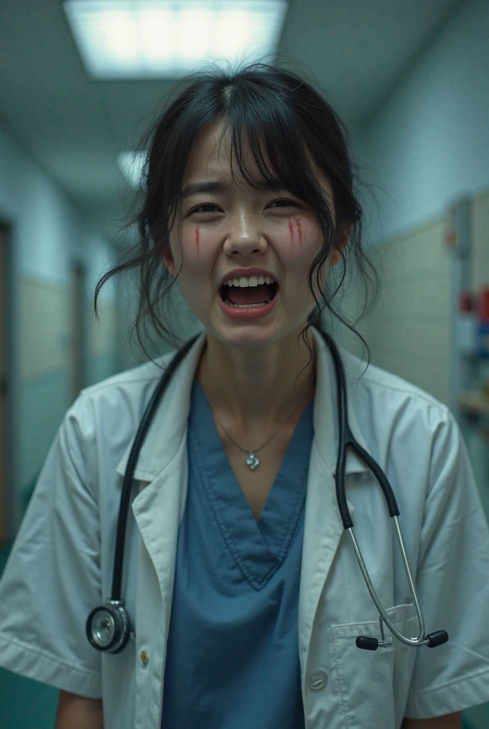 Female doctor crying in hospital with injury bleeding