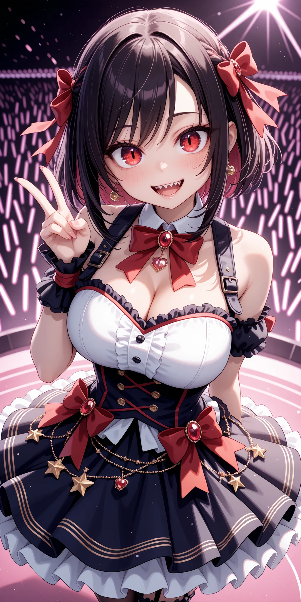 masterpiece, best quality, very aesthetic, absurdres, newest,1girl, (covered_nipples), ahegao, tongue_out, rolling_eyes, saliva,double V gesture,tears in eyes,,tokisaki_kurumi(date_a_live), 1girl, black_footwear, black_hair, boots, breasts, cross-laced_footwear, dress, frilled_dress, frills, hairband, heterochromia, lolita_fashion, lolita_hairband, medium_breasts, red_dress, red_eyes, twintails,  smile,,in bedroom