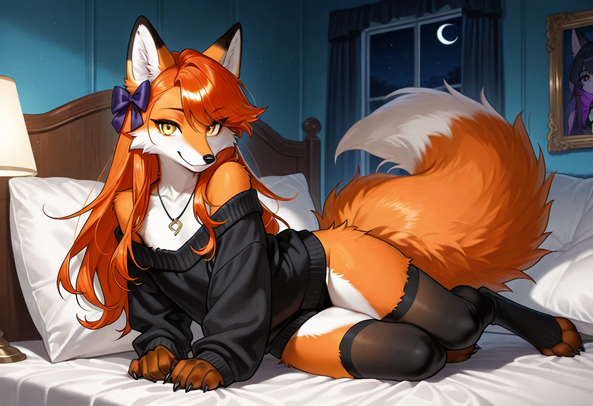 red fox, female, vixen, vibrant colors, gorgeous, majestic, beautiful, hair, scarlet hair, red hair, yellow eyes, smile, gazing at viewer with side eye, full body, night, moody, elegant, mysterious, highres, perfect artwork, absurdres, rzminjourney, vector-art, on knees, sexy body, voluptuous, waifu, pillow, Starlit Sorceress Attire, sexy sorceress outfit