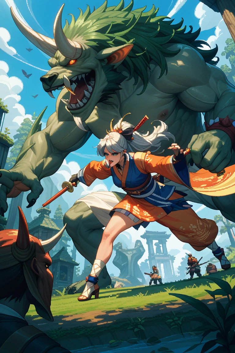 Action scene, dynamic pose, firm stance, combat stance,
Focus on (Barbarian, Hero, Average Height, Solid, Diamond-Shaped Face, Olive Skin, Platinum Blonde Hair, grey Eyes, Short Nose, Pouty Lips, Sharp Chin, Goatee, Long, Spiky, A sprawling dwarven city, carved deep into the heart of a mountain) fighting (Rakshasa),
In a mystical forest at dusk, illuminated by bioluminescent plants and inhabited by mythical creatures,