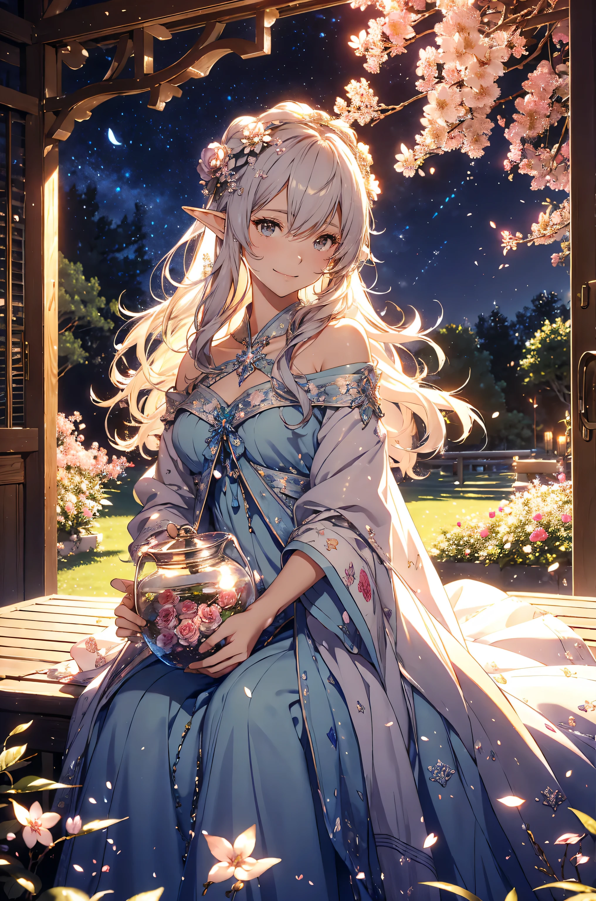 best quality mystical 、(cowboy shot ) エルフ1 WOMAN cute smile!smile! gentle gaze , beautiful 、elf ears、 胸囲130 美しい beautiful skin 、、 music Healing simple lawn composition fantasy world、Elven Palace flower、 beautiful starry sky courtyard Green grass Beautiful Rose Hedge flower pot Many kinds of flowers Mr..々flower butterfly々 cherry blossoms、cherry blossoms舞い散る、 petals、 Beautifully Decorated Corridor Tea on the table、 fun! Brightly
Keep it simple beautiful brilliance 、long silver hair、The strongest beautiful decorative flower白 dress、 calm atmosphere 、 petals、 open 、 Beautiful young body 、 big 、beautiful skin, 、beautiful brilliance, high definition depiction , Realistic Fantasy Romanticism ,, ultimate beauty moving!high resolution,