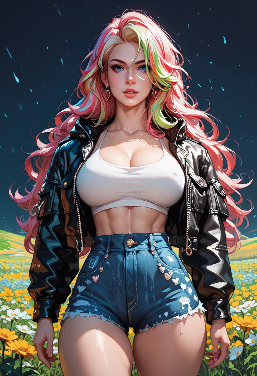 realistic, high resolution, 1 woman, Glowing skin, alone, tattoo, decorate, pink lips, long hair, blue eyes, sharp eyeliner, Eye shadow blush with thick eyelashes, Very delicate and beautiful, round chin,gag, hips up, Open the abdomen., small low waisted shorts