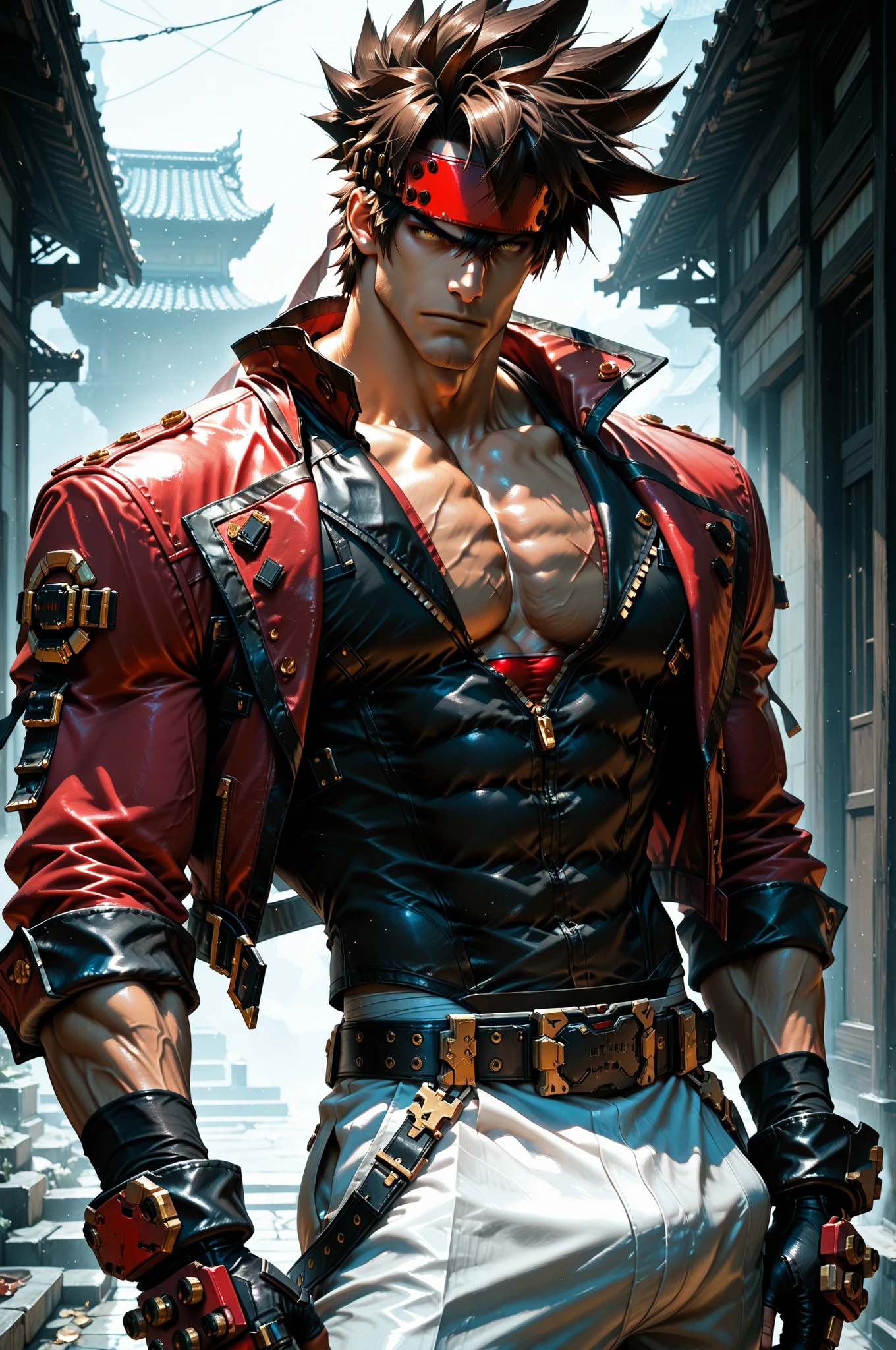 masterpiece, best quality, absurdres, newest, very aesthetic, amazing quality,highres, 1boy, male, Sol Badguy, brown hair, gold eyes, black vest, red jacket, belt, headband,ultra-detailed, intricate details