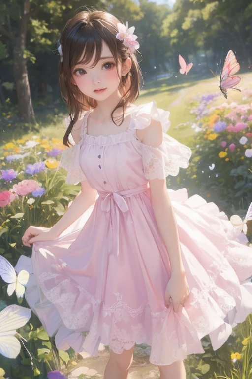 1girl, :d, against_tree, black_hair, bow, branch, cherry_blossoms, day, dress, falling_petals, flower, grass, hair_bow, hanami, in_tree, long_hair, looking_at_viewer, open_mouth, outdoors, outstretched_arm, outstretched_hand, path, petals, petals_on_liquid, pink_flower, plum_blossoms, smile, solo, spring_(season), standing, tree, under_tree, watermark, web_address, white_bow, white_dress, wind, wisteria