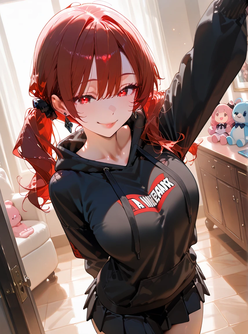 1girl,solo,super detailed skin,shiny skin,natural smile, ,eyelashes,lips gloss,red hair,long hair,parted bangs ,large breasts ,oversized t-shirt,half pant,nigh living room ,masterpiece,best quality,ultra detailed,high resolution,sharp focus