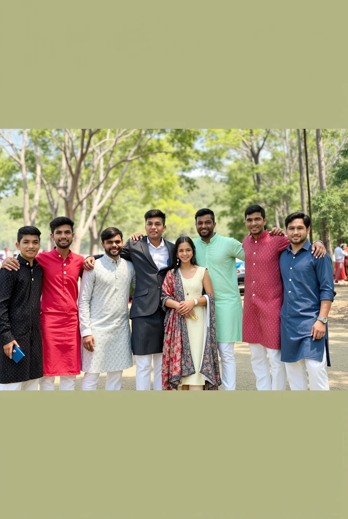 Group of 16 teenagers friends,4 muslim girls,2 muslim boys wear muslims traditional attires,4 chinese girls,2 Chinese boys wearing chinese attires,3 Indian girls and 1 Indian boy wearing Indian attire, all 16 wearing same colour standing infront of a highschool