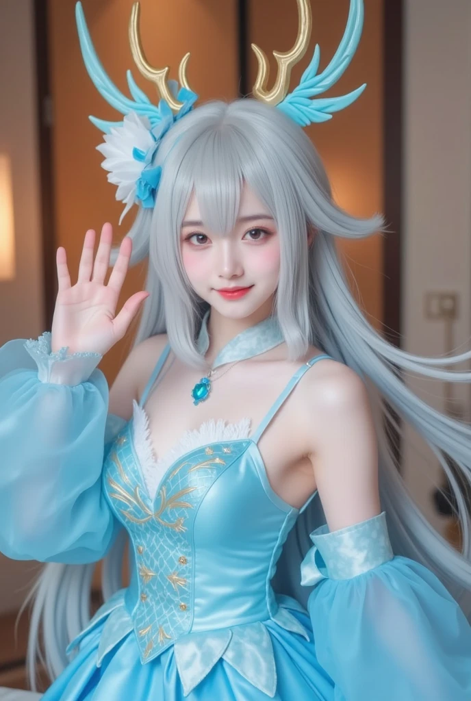 (gigantic breasts:1.3),Arabian girl with white hair and white blouse posing for a photo, I deny that, 白Hime cutヘアスタイル, anime girl Cosplay, anime Cosplay, shikamimi, Ahegao face, Cute natural anime face, Real life anime girls, Blue skinned, Mikudayo, Cute anime face, Hime cut, Cosplay, sayori, Ahegao