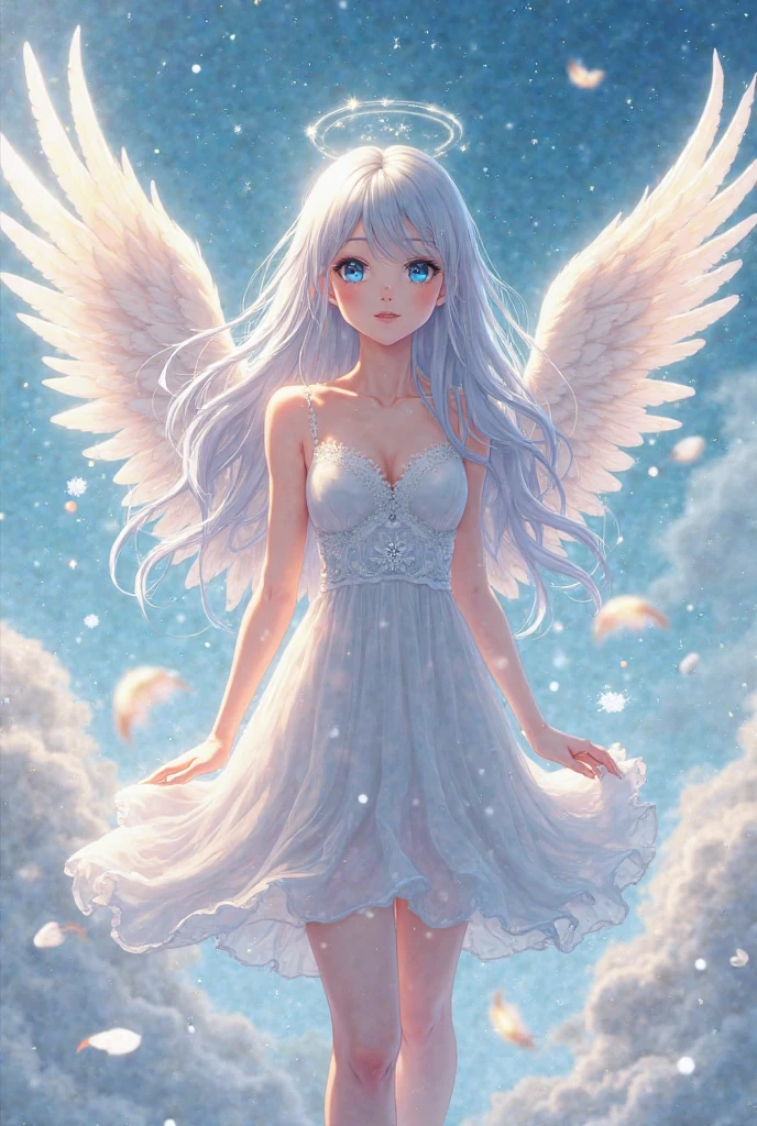 (((masterpiece))), (((best quality))), ((ultra-detailed)), (illustration), (detailed light),((an extremely delicate and beautiful)),(beautiful detailed eyes), (sunlight),(angel),solo,young girls,dynamic angle,floating, bare_shoulders,looking_at_viewer ,wings ,arms_up,halo,Floating white silk,(Holy Light),just like silver stars imploding we absorb the light of day --auto