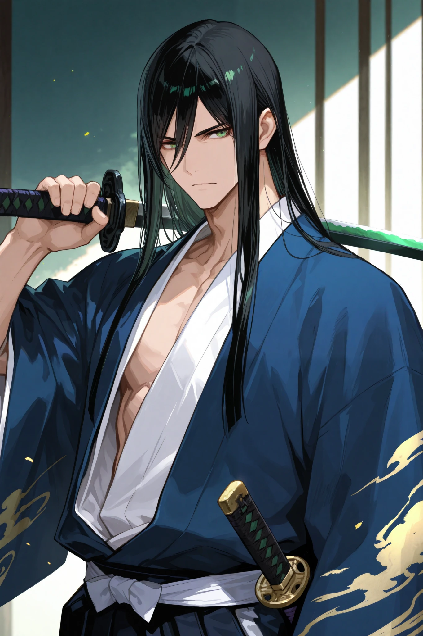 high quality, 1 guy, solo, long black hair, green eyes BREAK blue samourai kimono, white shirt BREAK holding a sword with both hand above his shoulder ready to strike