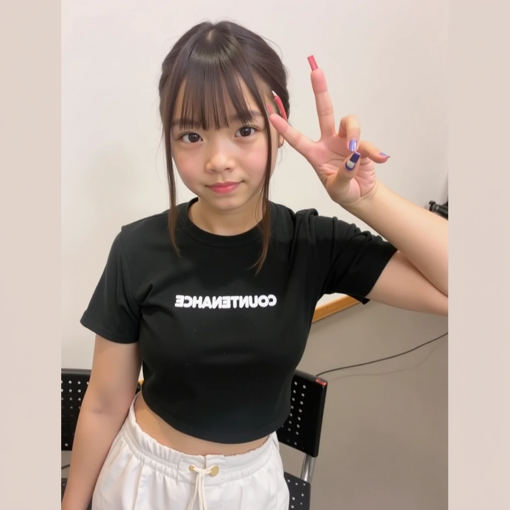 standing,upper body,ollarbone,black t-shirt,off-shoulder look,Black and white checkered short skirt,open mouth,tongue out,cum on tongue,Sitting on a black sofa,flont view,open mouth,tongue out,(1girl,Beautiful 16 year old girl),((Slender,Small breasts,Small face,)),looking at viewer,Black Hair,bangs,straight,Beautiful and detailed,Mischievous smile,Dimly lit room,Simple Background,Black background,Low lighting