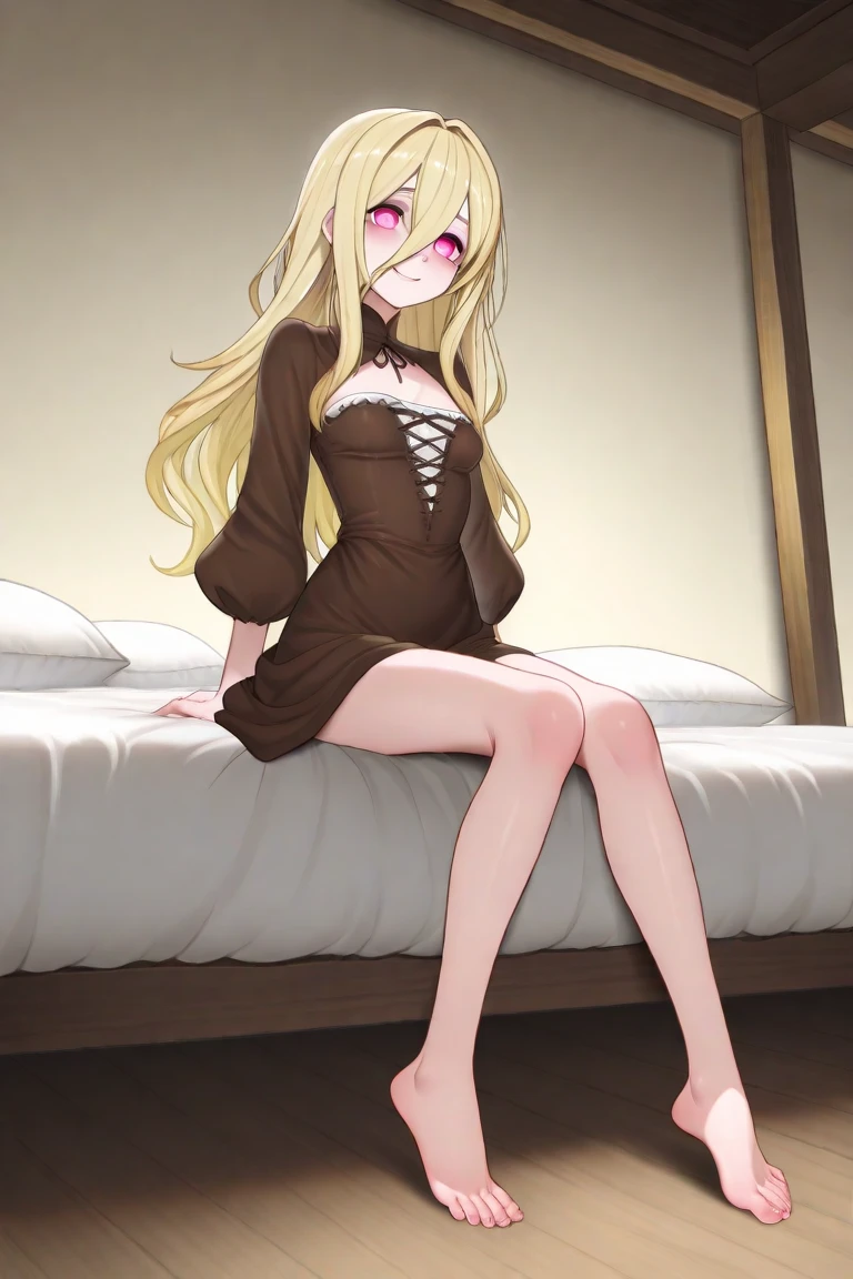 portrait of a 23 years old blonde woman wearing a black sleepmask as a blindfold and a black spaghetti top,  calm smile, freckles, sitting barefoot legs crossed in a bed.