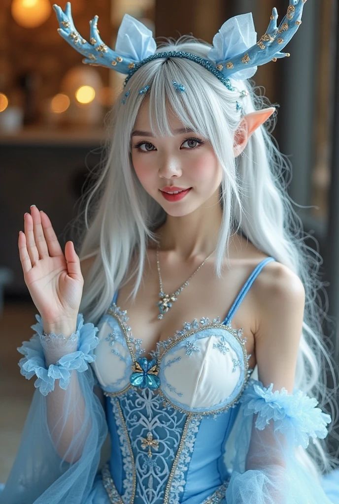 body view, elf girl, kim chaewon as a  elf, kim chaewon is a petite girl, 1girl, forest background, kim chaewon, petite girl, small , petite figure, long light blue hair, face front, tight exposing armor,  exposed, emotional face, make up, masterpiece, best quality