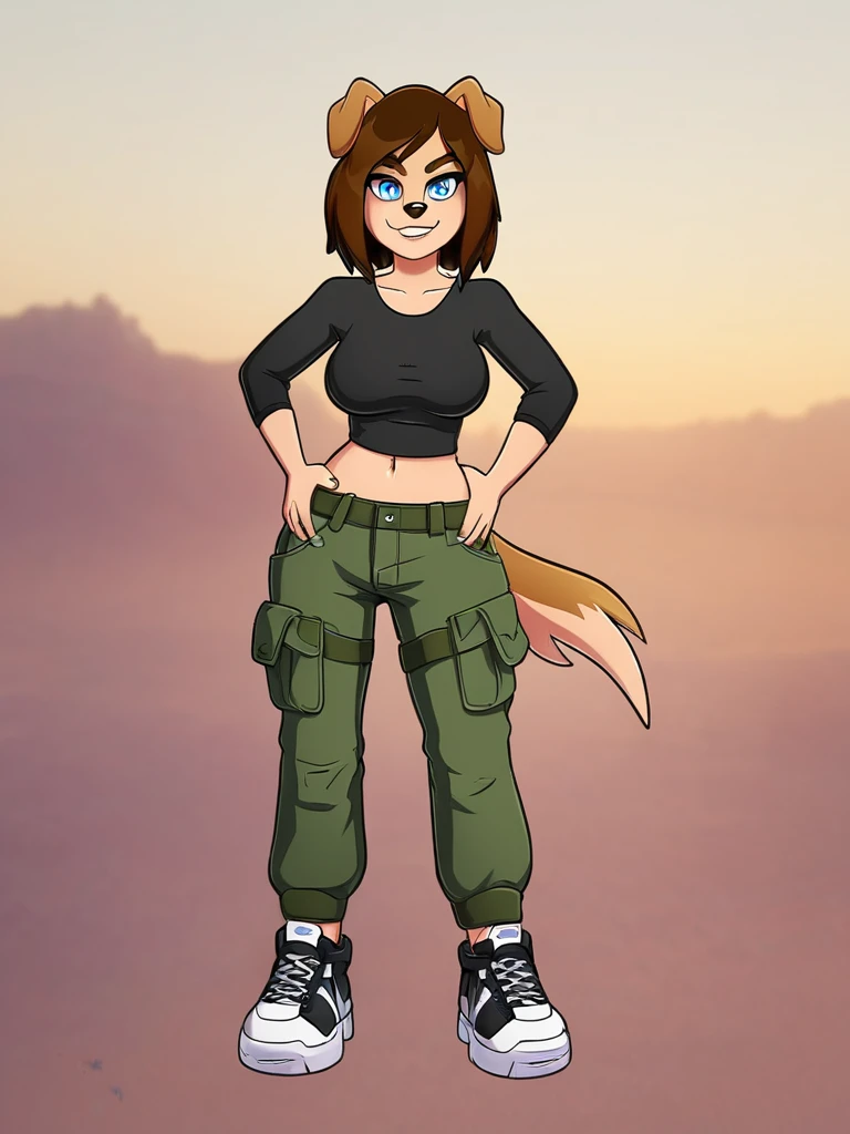 solo, tknanie, keidran, mammal, pantherine, natani_(twokinds), natani twokinds, twokinds, personalami, rating:safe, white background, white_background, brown fur, brown hair, brown eyes, female, big breasts, chest_wraps, wraps shirt pants shoes socks backpack hoodie mask face mask 