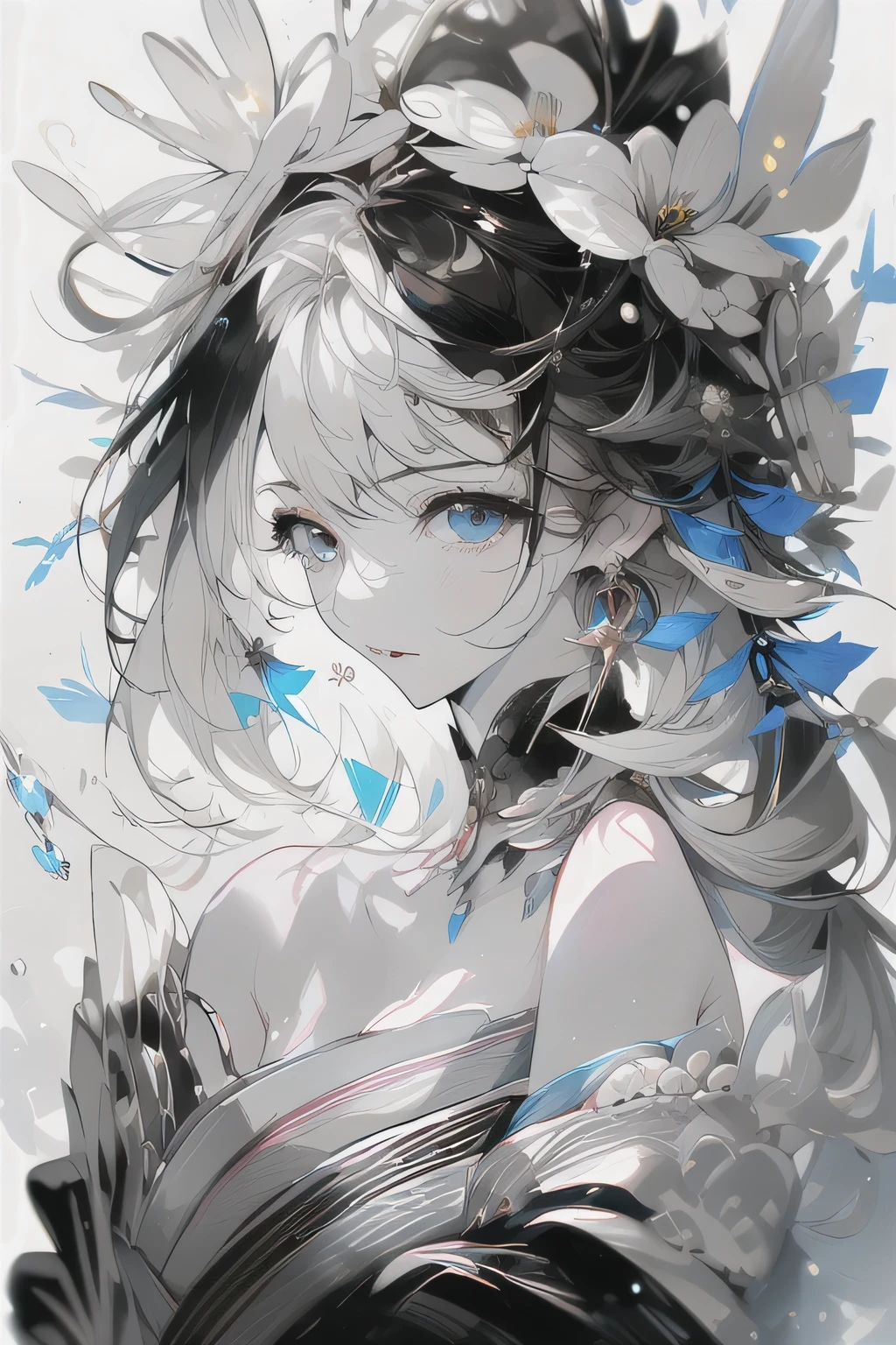 {{{{masterpiece}}}}, {{{Super Detail}}}, {{{high resolution}}}, {{good anatomy}}, (((Highest quality))), ((very delicate and beautiful)), {{Extremely Detailed and Delicate}}, {8k CG wallpaper}, {{illustrations}}, (color background grayscale:1.1), (Black and white background:1.1), midjourney, (flower:1.2), ( Color Difference:1.2), mature women, (1 girl:1), solo, , ( kimono:1.2), (Pale face:1.2),  medium chest,  Urgent 1,Shiny, beautiful white hair