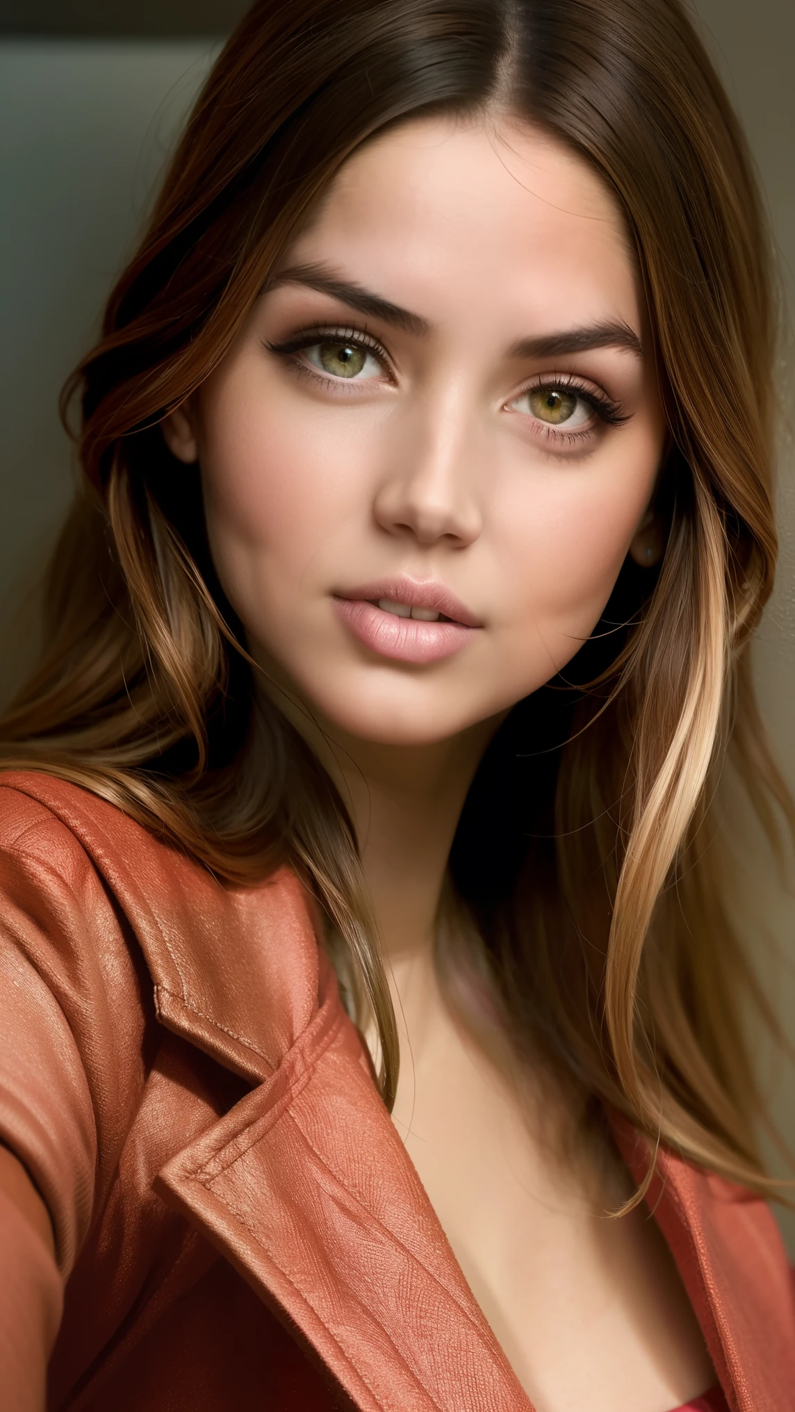 A seductive portrait of a woman, (medium plan), , brown hair, skin texture, Digital Painting, illustration, (obra-prima, Best quality:1.2), raised details , contrasting lighting, (fundo preto:1.5) wearing Wearing Red Coat