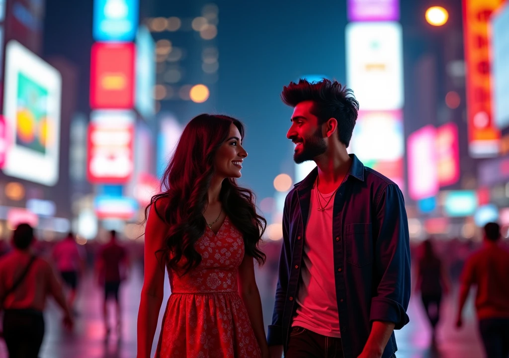 “Create a romantic and tender scene where a 27-year-old South Indian man, Raj, and a 25-year-old stylish North Indian woman, Priya, are walking under a starlit sky. They are strolling through a quiet street in Mumbai, illuminated by the soft glow of streetlights and the distant twinkling of stars. As they walk side by side, their hands accidentally brush against each other, leading to them holding hands for the first time. Capture the subtle yet powerful emotions on their faces—a mix of surprise and happiness—as they realize their love for each other. The background should feature the quiet beauty of a nighttime Mumbai street, with gentle shadows and warm lighting that emphasizes the intimacy of the moment. The overall atmosphere should be romantic, with intricate details in their expressions and body language, highlighting the depth of their newfound connection.”Realistic, intricate details, vibrant colours.