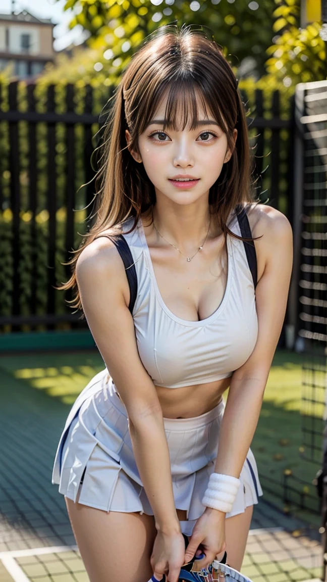 masterpiece, best quality, Surreal, Ultra Detailed, 8k resolution, RAW photos, Clear focus, (A girl in the forest), ((light gray shirt)), sleeveless, sports Shorts,, Solitary, Perfect body, Perfect body, Bangs to eyebrows、Beautiful brown hair、Beautiful and delicate eyes、Brown eyes、Raise an eyebrow、Bangs to eyebrows、Beautiful brown hair、Beautiful and delicate eyes、Brown eyes、Raise an eyebrow、High Nose、Small nostril、Little mouth、Tempting lips、Mouth slightly open、Beautiful breasts、Full body、Oval face,Phoenix Eyes，Eyebrow， Double eyelids, Long eyelashes, A faint smile, full-body shot:1.2，She has a pair of eyes as clear as water，Eyebrows are like distant mountains，Creamy skin，Lips like cherry blossoms。Her beauty is not only in appearance，It&#39;s more about her fragile yet tenacious temperament，Like a hibiscus flower swaying in the wind，It's pitiful， A faint smile, full-body shot:1.2，（Bring your legs together：1.5），with a round face， 32 inches in the chest, (sexy pose),(standing pose) ,(full body shot)、，
 32 inches in the chest,(a charming smile:1), (sexy pose)，26 years old, light,White shoes，Stand up