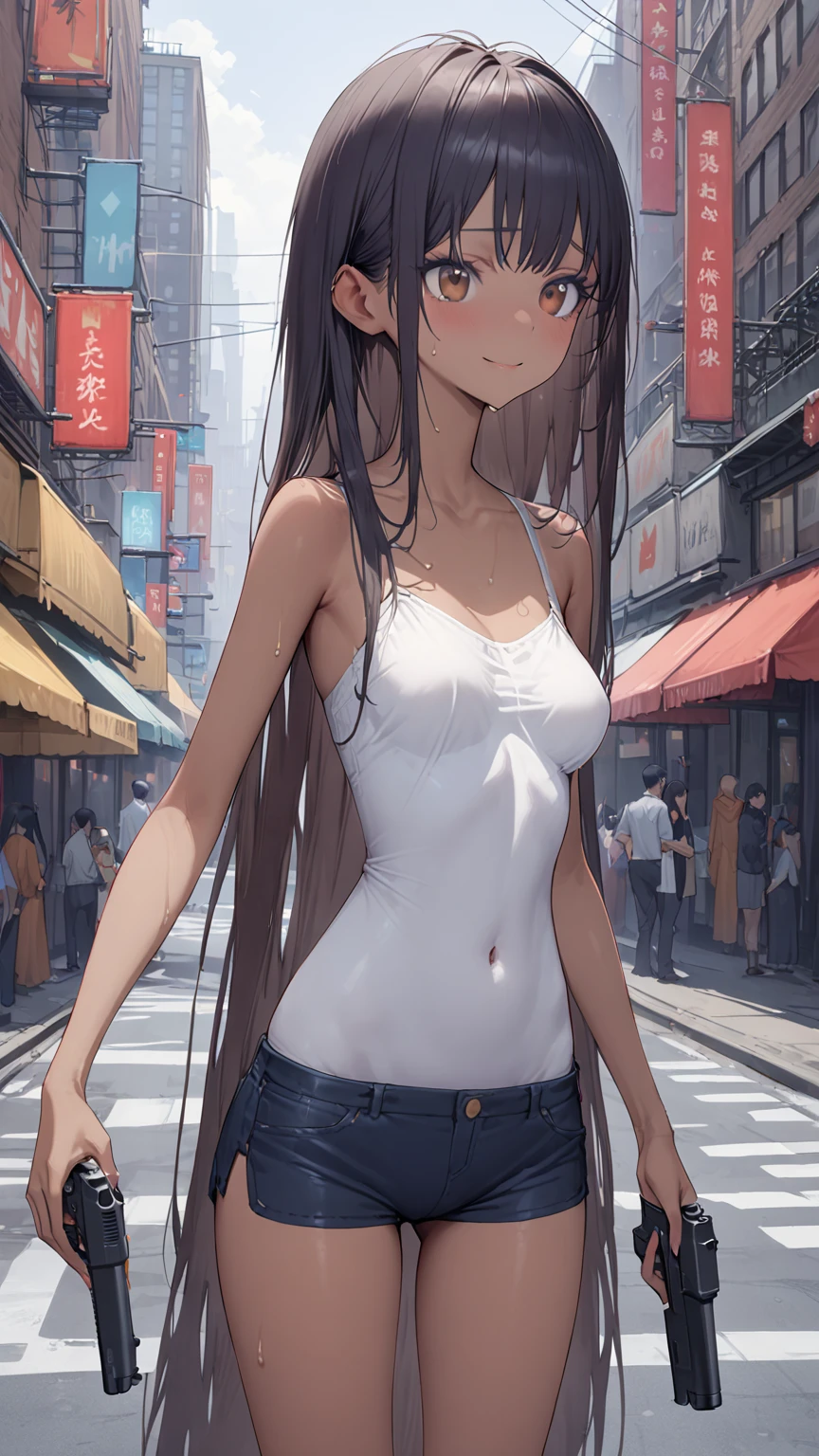 ((masterpiece,Highest quality:1.3,best quality illustration)),realistic,cowboy shot,独奏,1woman,(25 year old beauty),dark brown hair,long hair,bangs,brown eyes,(gorgeous big eyes),((very small head:1.3)),shy,smile,((very long body:1.2,skinny)),(tan skin),medium breasts,White Bikini、navel、Black leather micro shorts、Leg Holster、Pistol,sweat,gleaming skin,slender body,standing,on street,neon、New York City、