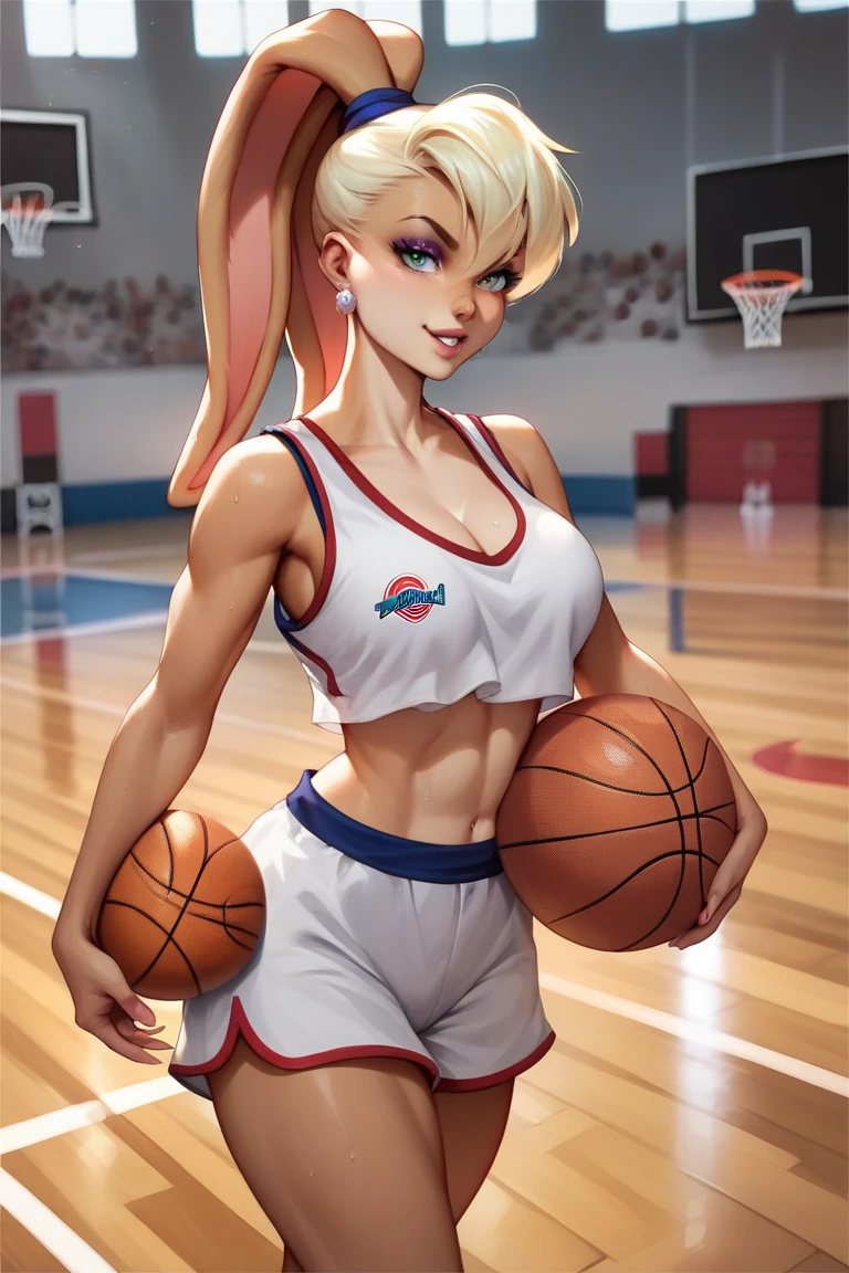 in a living room, one hand on hip, seductive smirk, medium breasts, wide hips, big ass, Lola Bunny,standing, blushing,sweating, muscular arms, holding basketball