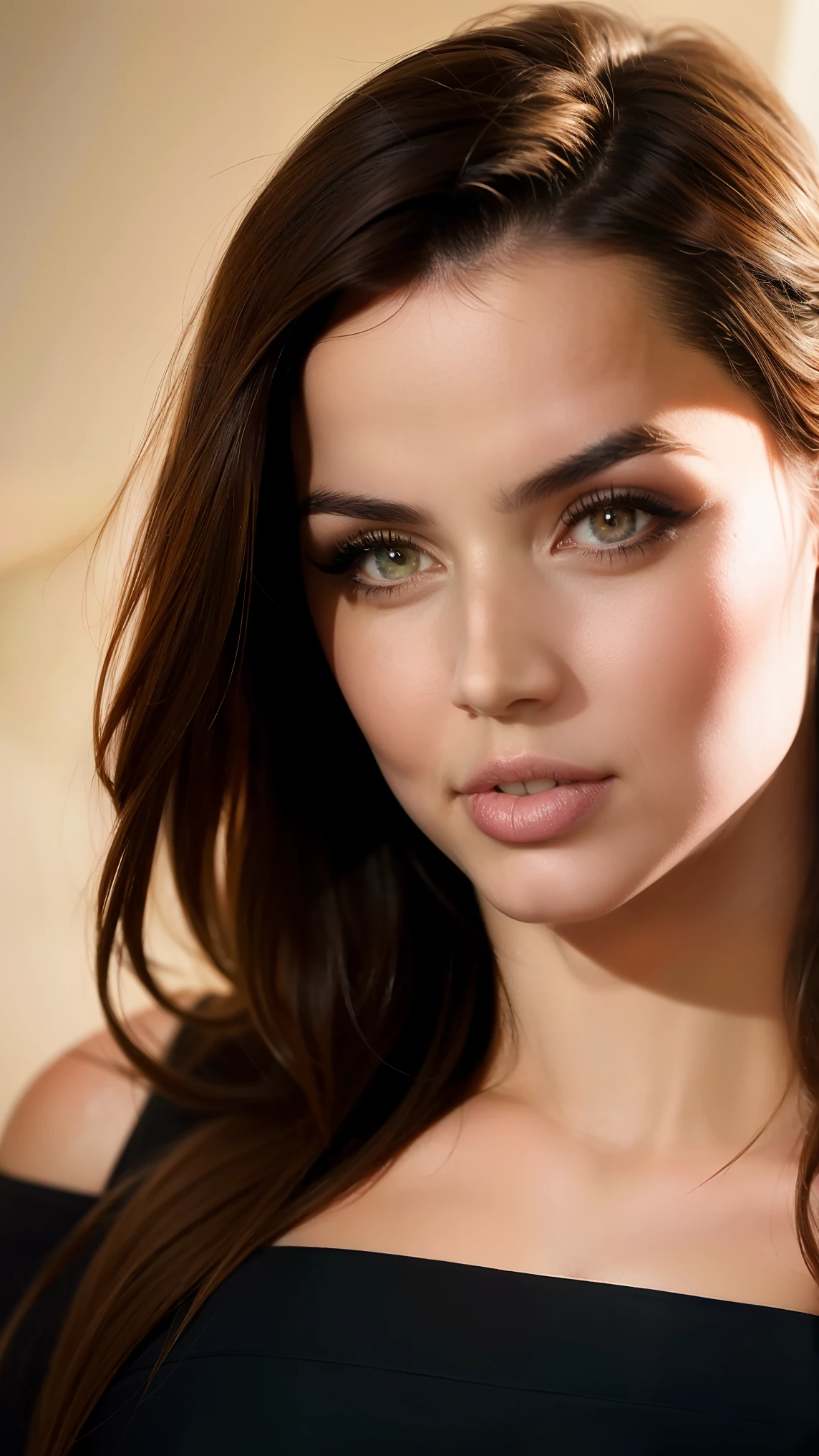A seductive portrait of a woman, (medium plan), , brown hair, skin texture, Digital Painting, illustration, (obra-prima, Best quality:1.2), raised details , contrasting lighting, (fundo preto:1.5) wearing Wearing Black Cropped Top