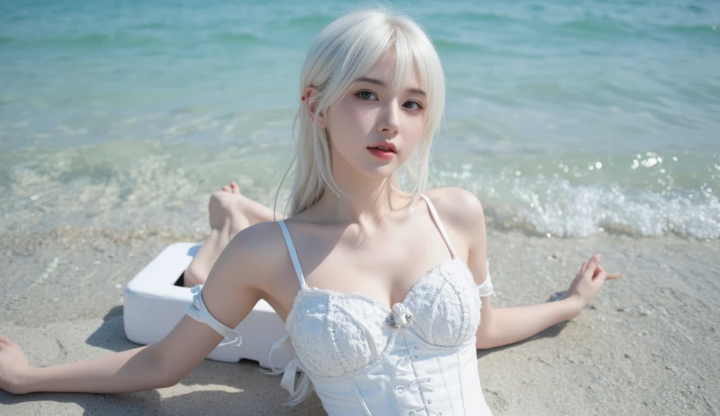 breasts,navel,covering breasts,covering,large breasts,o-ring,sitting,veiny breasts,cleavage,underwear,bare shoulders, ((Large Breasts)), ((D cup)), Visible cleavage，Highly detailed face and skin texture，((Bare shoulder)), Double eyelids，Skin Whitening，Long hair，Whitening long legs，Standing by the sea, Fashion Girl, Red lips, Sweet Girl, Beautiful makeup, detail, lifelike, Very detailed, Astonishing, beautiful, Young and energetic, high quality，HD, Colorful， Beautifully, Smooth skin, The skirt is very short, Official Art, Extremely detailed, Movie atmosphere, Soft colors, Natural skin texture, Random scene, random shooting Angle, Black over-the-knee socks, lace hem