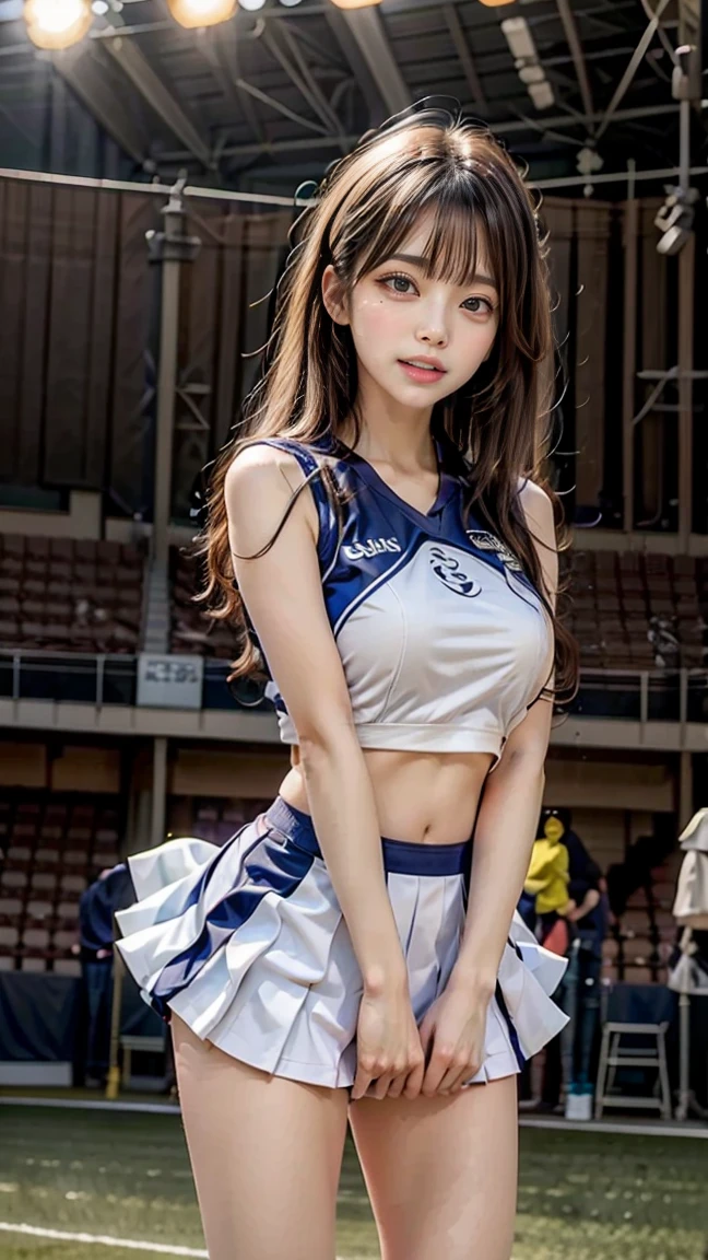((top-quality:1.3、8K、masterpiece))、1girl in、Detailed Face 1:3、kawaii faces、Beautiful face、A detailed eye、a smile、Pretty Woman、full bodyesbian、cheerleaders、The background is the stadium、Blue tank top、Blue skirt、