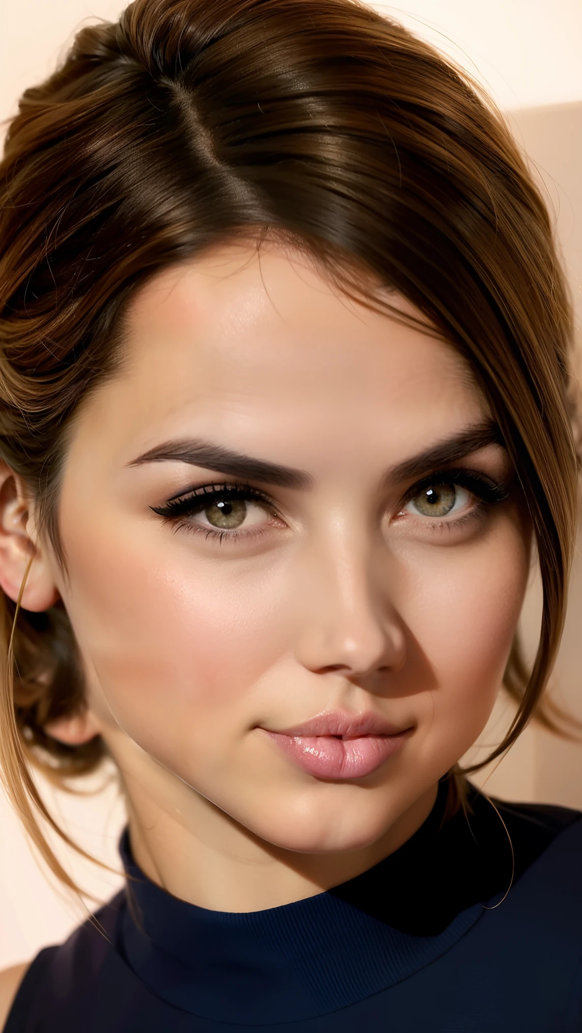 A seductive portrait of a woman, (medium plan), , brown hair, skin texture, Digital Painting, illustration, (obra-prima, Best quality:1.2), raised details , contrasting lighting, (fundo preto:1.5) wearing Wearing Blue Skirt