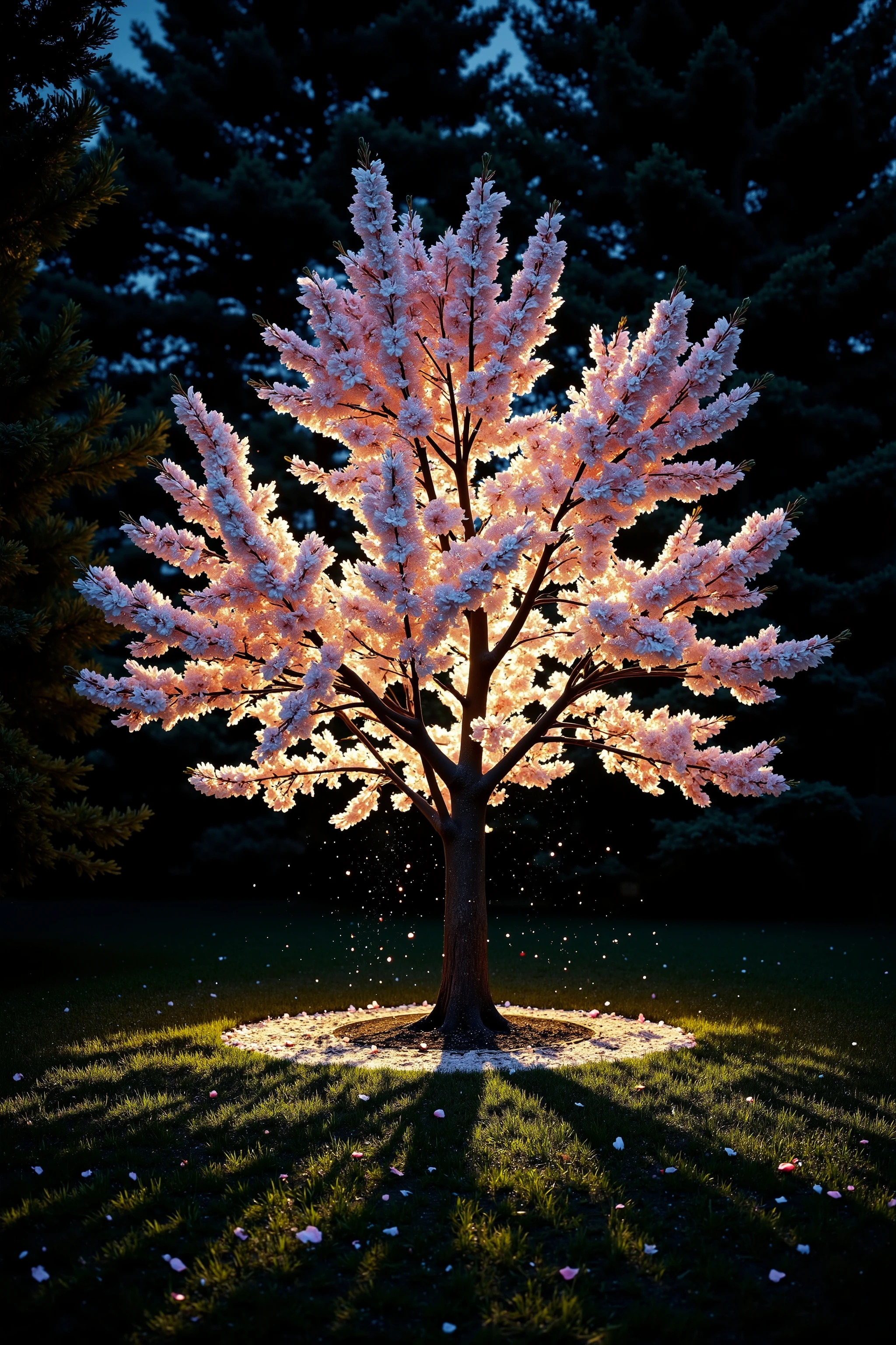 A single sakura tree in full bloom, depicted in minimalistic photorealistic style, glowing softly in the darkness. The blossoms emit an intensified bioluminescent glow, like moonlit silk—natural, radiant, and ethereal. Petals in soft shades of pale pink and white light up gently from within, creating a serene magical feeling without fantasy. The background is deep black with pure negative space, isolating the tree in visual silence. No distractions—just the glowing cherry tree, perfectly centered in frame. High-contrast composition with ultra-detailed petals and bark, dramatic lighting gradients, and stark minimalist photographic art aesthetic.

