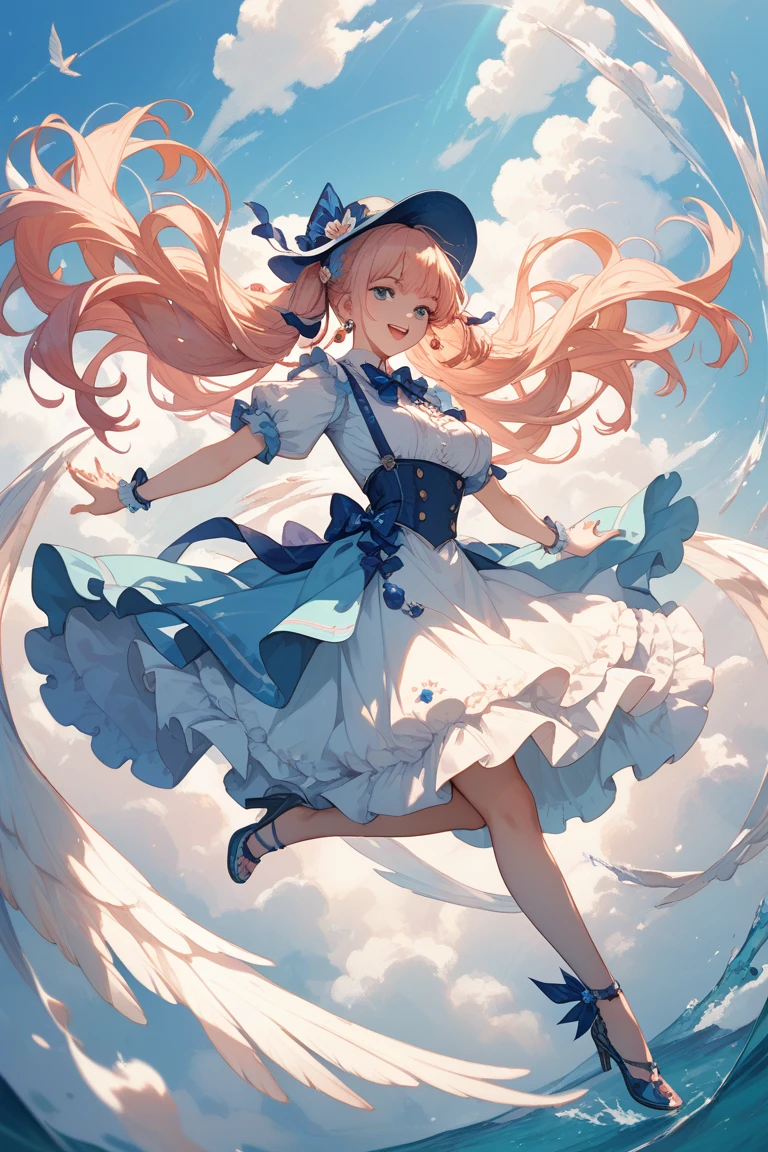 (((Floating in the sky:1.2、one girl、Stand on the clouds)))、Pastel clouds、perfect anatomy、small face、small nose、plump lips、twin tails、rainbow colored hair、Messy clothes、disheveled clothing、unreasonable、Shooting in the sky、(((背景はPastel clouds:1.5、rainbow、blurred background)))、highest quality、High resolution、High resolution、cinematic lighting、professional photographer