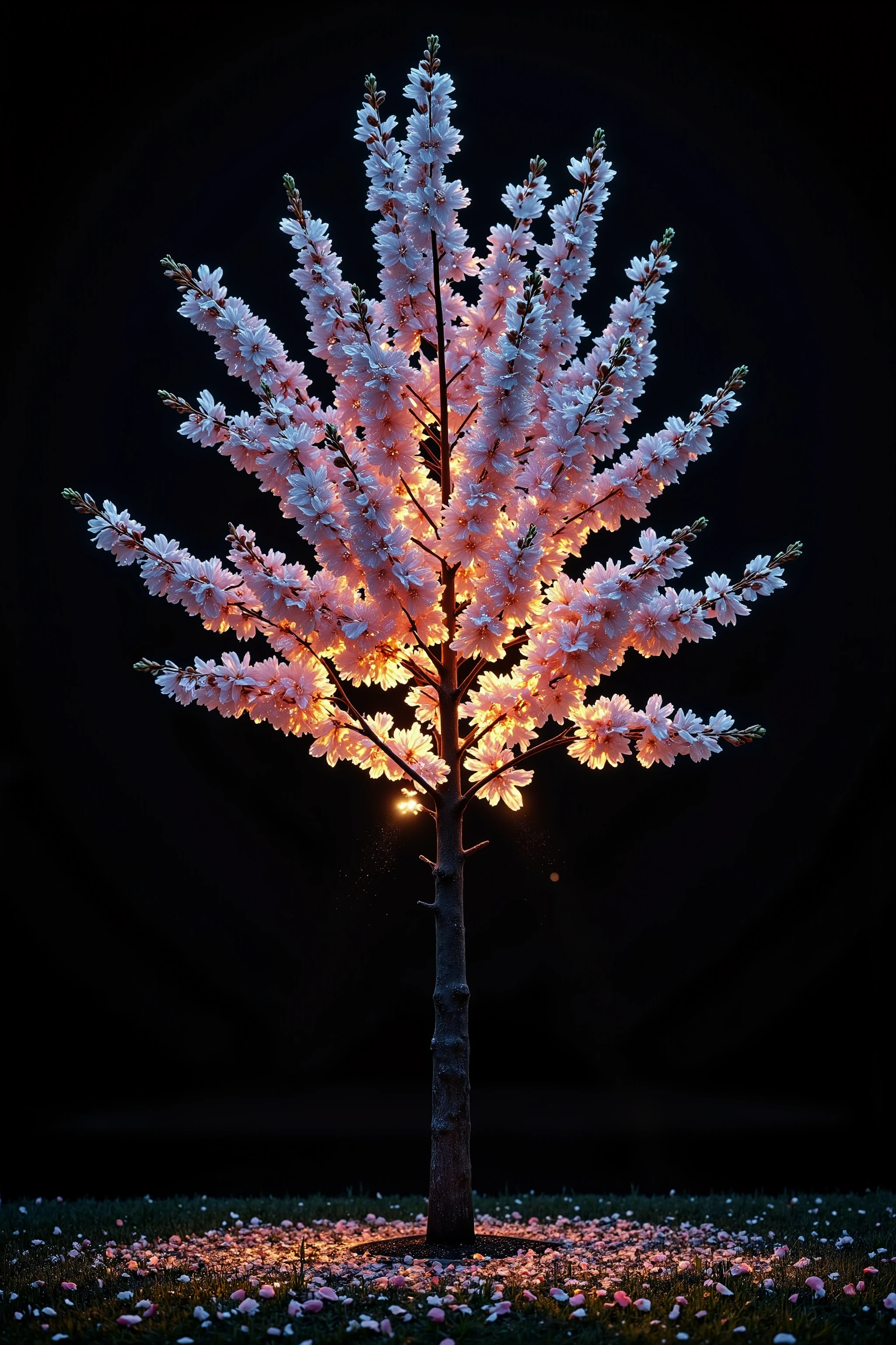 A single sakura tree in full bloom, depicted in minimalistic photorealistic style, glowing softly in the darkness. The blossoms emit a subtle bioluminescent glow, like moonlit silk—natural, delicate, and ethereal. Petals in soft shades of pale pink and white appear to light up gently from within, creating a calm magical feeling without fantasy. The background is pure dark and uncluttered, enhancing the luminous contrast of the tree. No distractions, just the serene form of the glowing cherry tree, centered in frame. Ultra-detailed textures on petals and bark, dramatic lighting with smooth gradients, and perfect composition in minimalist photographic art style.