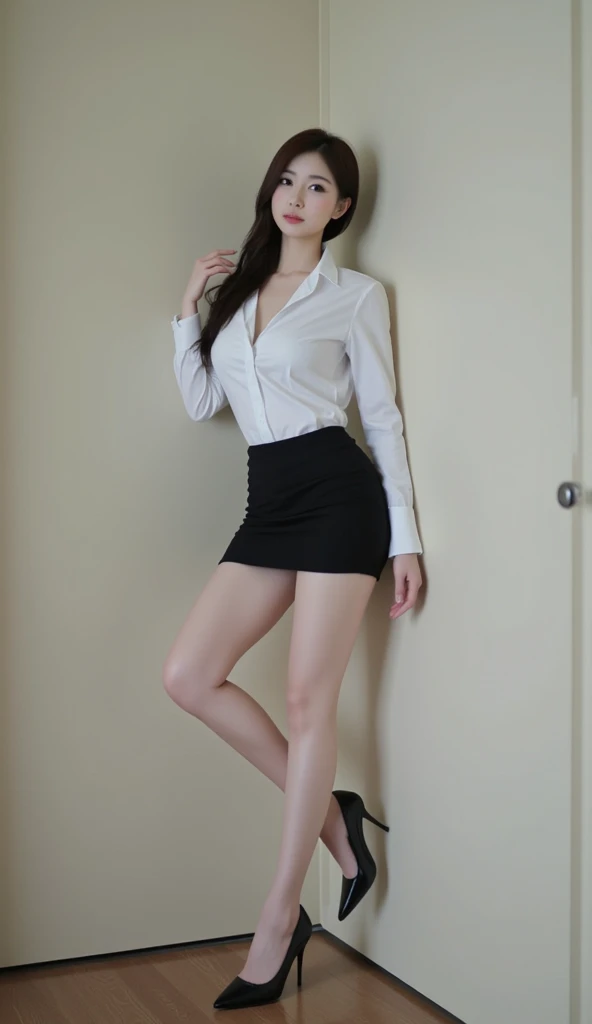 a beautiful young korean woman, white sexy shirt, short spandex skirt, black stockings, full body pose, detailed face, detailed eyes, detailed lips, detailed hands, intricate details, photorealistic, cinematic lighting, dramatic shadows, warm color tones, high quality, 8k, HDR, ultra-detailed