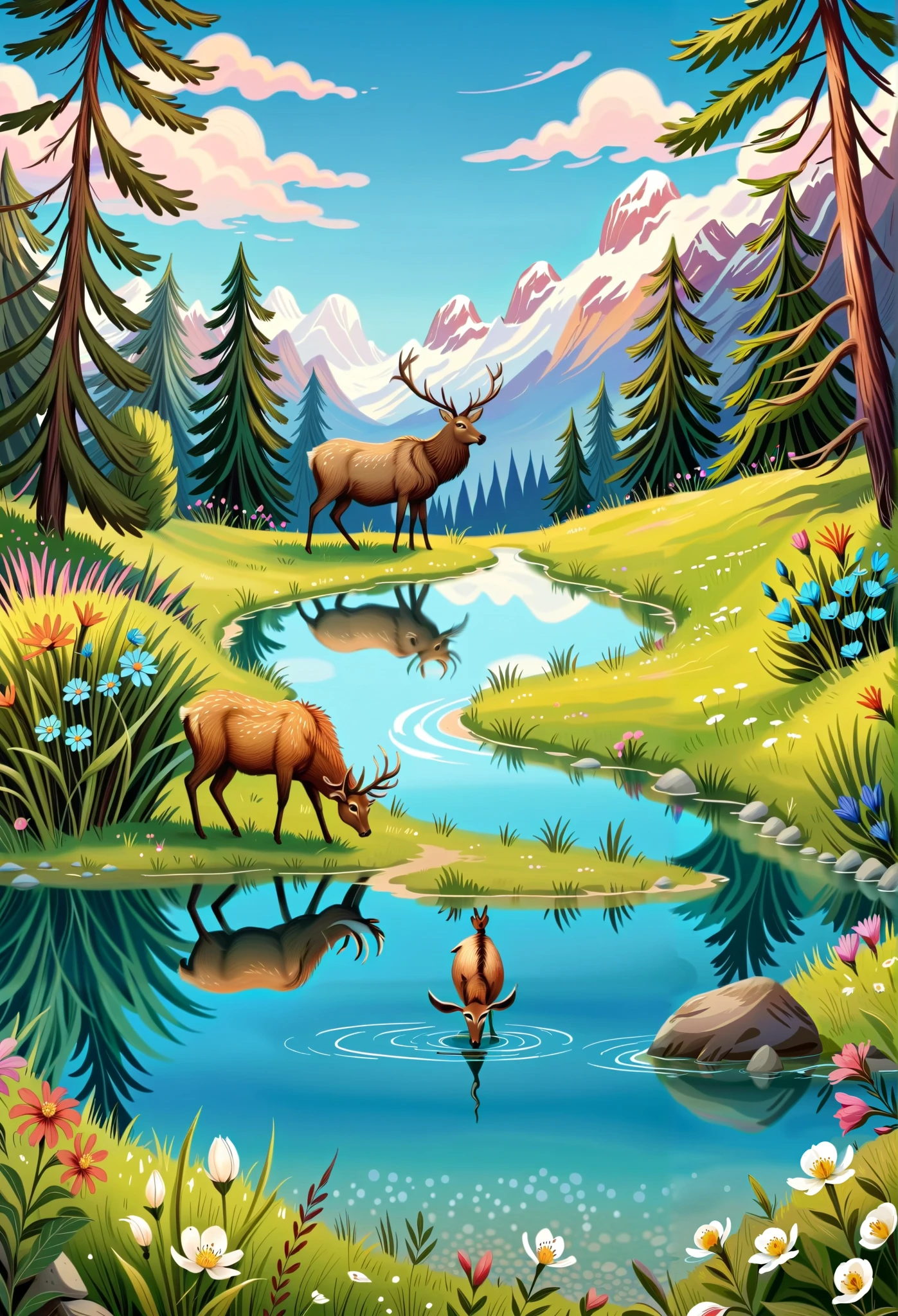 spring,flowers blooming,beautiful scenery,Elk by the lake , Reflections in the Water , symmetric composition online
