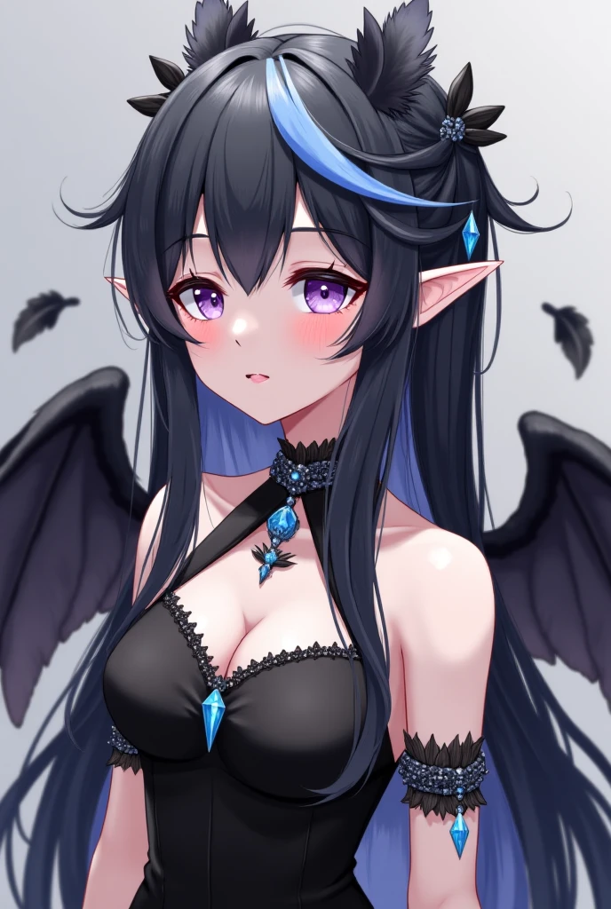 ((best quality)), ((Masterpiece)), (details), perfect face ,El girl, The horns are black with the tips of the horns blue., red eyes , Long, dark purple hair , Beautiful figure , There are 6 colored wings, black and white wings. , big breasts , An evil smile on his face , He has jewelry on his head and pierced ears. ,Demon Queen ,Dressed like a princess