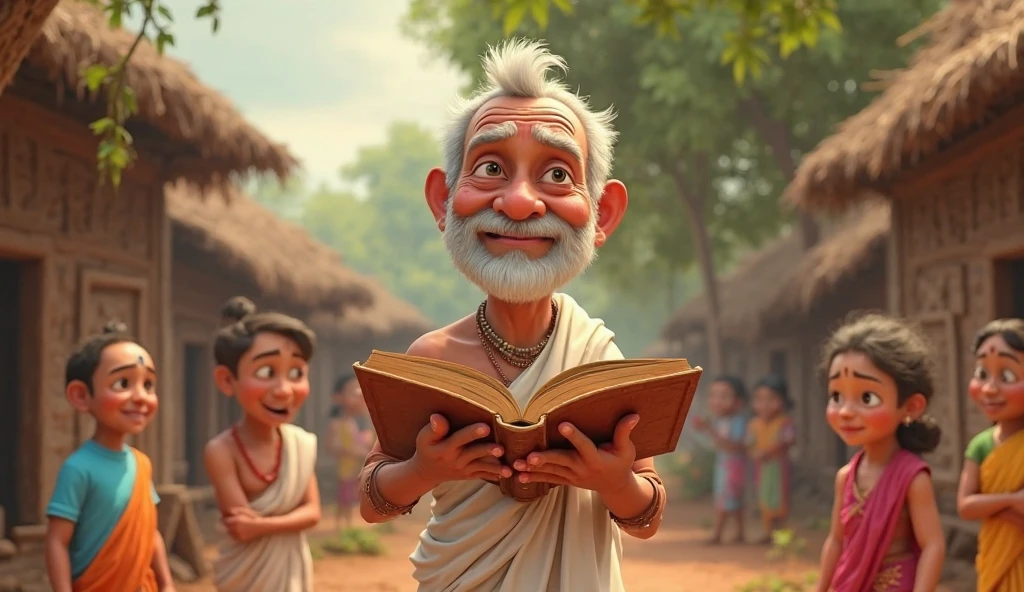 "An image of a foolish-looking pandit (priest) in a rural setting. The pandit is dressed in traditional attire, with a dhoti, kurta, and a sacred thread across his chest. His face has a comical and slightly exaggerated expression, with a furrowed brow, crossed eyes, and a confused or bewildered look. He might be holding a book upside down or misplacing his prayer beads, adding to the sense of foolishness. The background is simple, perhaps showing a small temple or a village scene, highlighting his out-of-place appearance and silly demeanor."