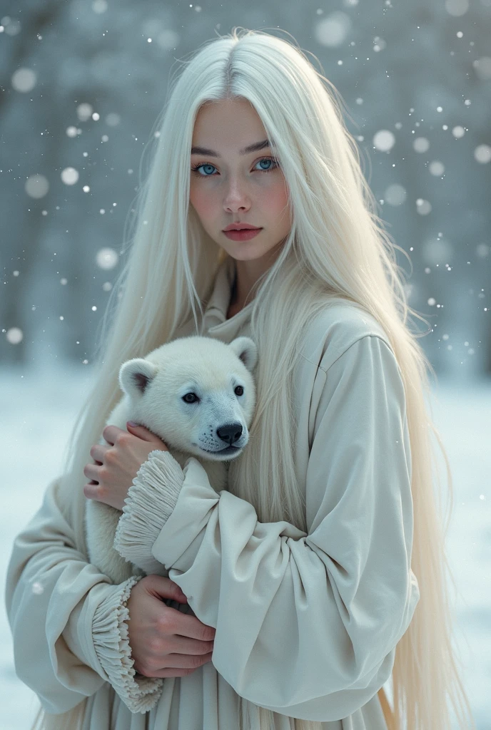 NSFW. ((Nude.)) Anna, Frozen, kissing a polar bear, snowy landscape, (depth of field) ((best quality)), ((masterpiece)), (detailed)