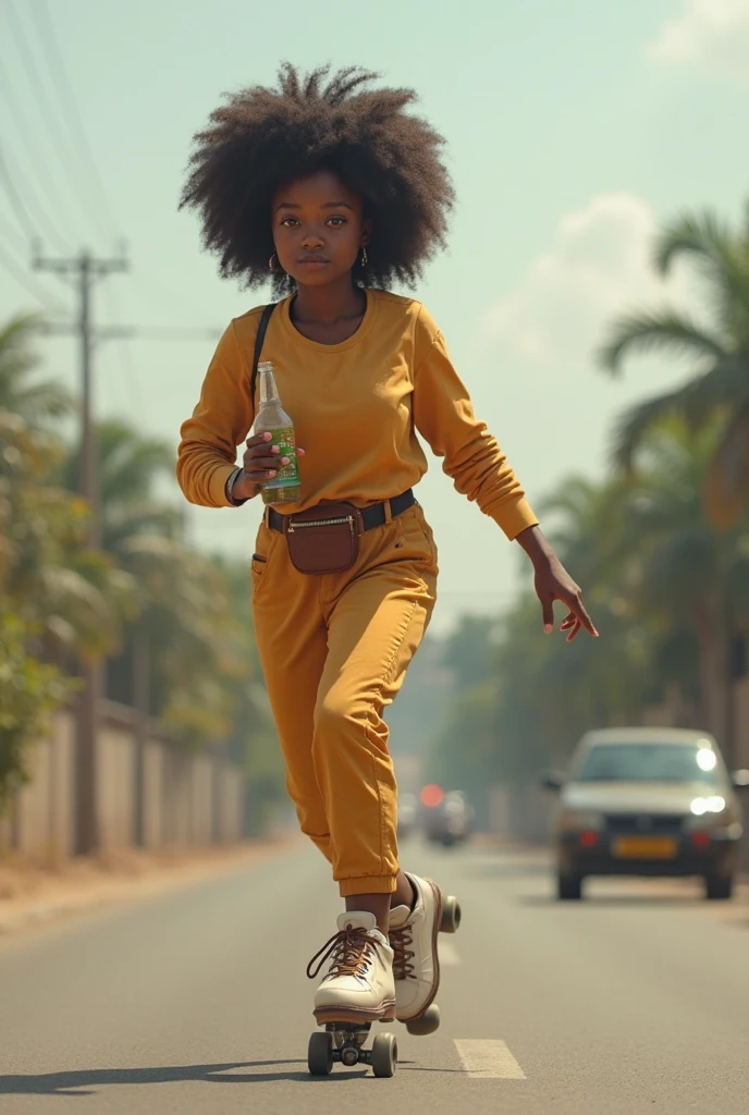 (best qualityer:1.5), (hyperrealisti:1.5), (work of art:1.2), 22 year old toned Zimbabwean woman, short curly blonde, eyes browns, ebony skin, wet oily body, sweat-soaked hair, tight white spandex shirt, tight white spandex short pants, walking outside on a deserted road, sunset red sky scenery, small ass, from front view, toned abs, toned arms, toned legs

