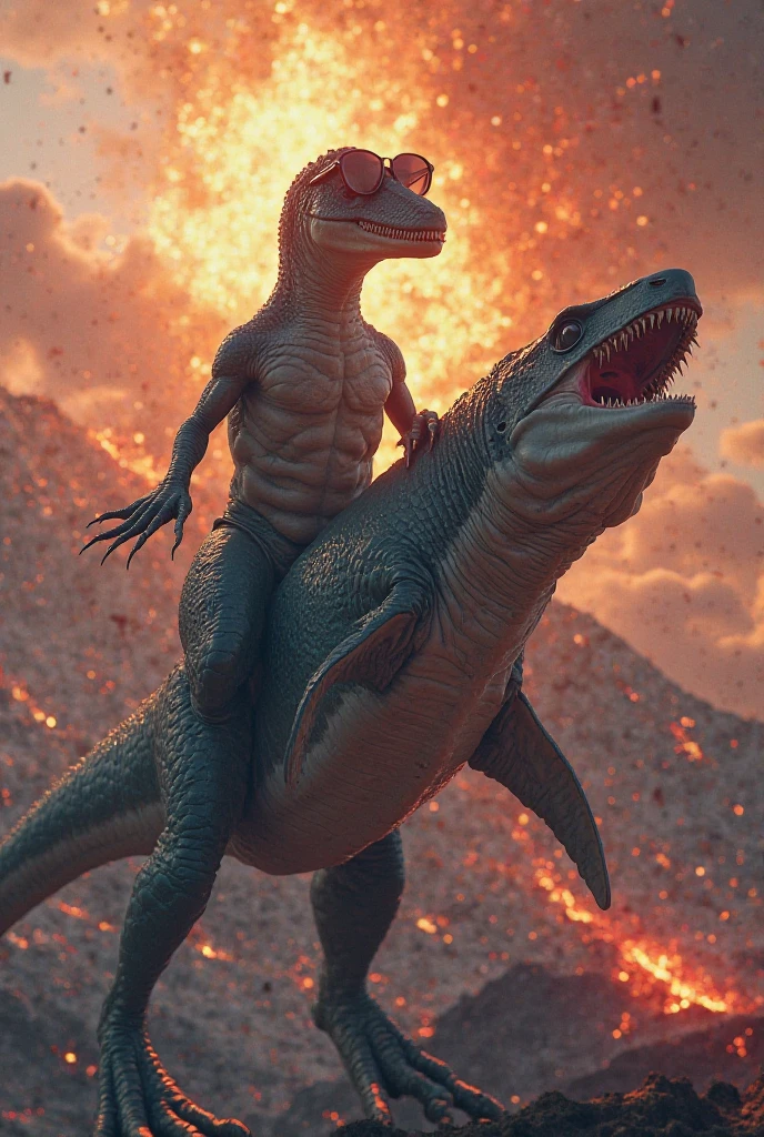 Flaming man and dinasor in one frame