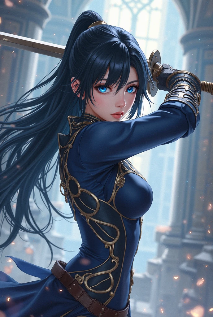 Masterpiece, highest quality resolution,5000 dpi image,high quality image,1girl,solo, beautiful face,masterpiece,hdr,high resolution,best quality,masterpiece,studio light,professional,high resolution,best quality,HDR,Light, floating, holding a sword aura, blue eyes, long black hair, cleavage, fantasy castle background, sunny weather,