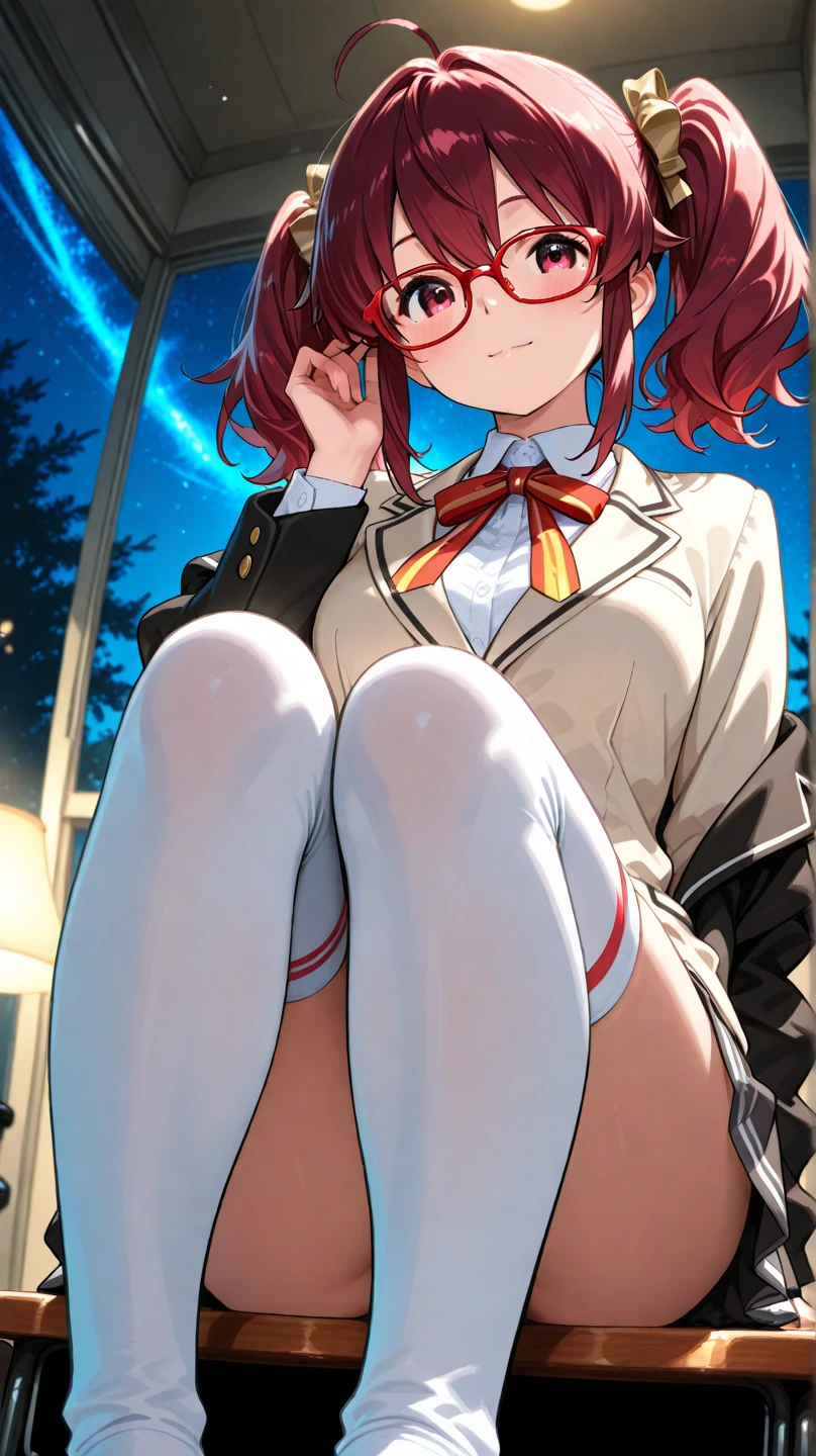 Maki Nishikino、One Girl, Five Fingers, mini skirt, Looking down at the viewer,, Highest quality, Focus on the thighs, Dynamic pose, smile, blazer, blouse, Black Pantyhose, panties under pantyhose, Standing Split, Stylish pose,My thighs and groin are steamy 、Crowd