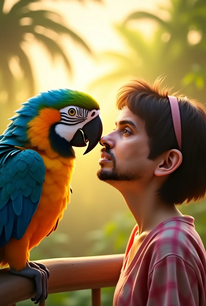 Slightly fat young white male with a stubble kissing with passion a green parrot with red mask