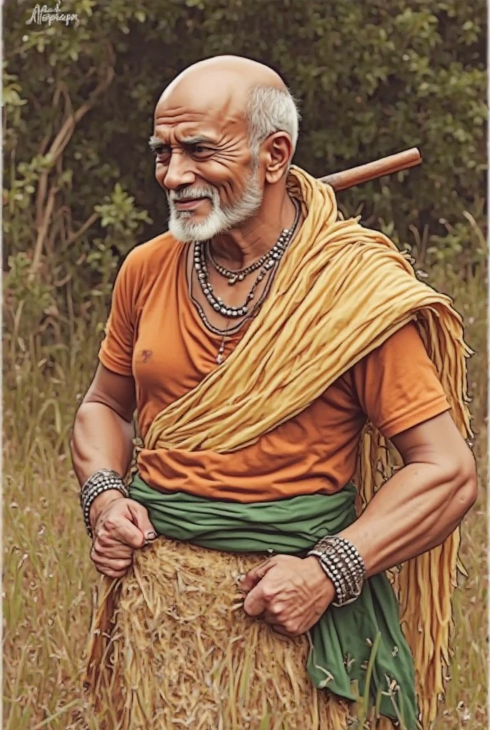I want a fit middle aged igorot native guy holding a gangsa on the right hand and a big beer on his left hand. And at the background i want it to be mountains of baguio city