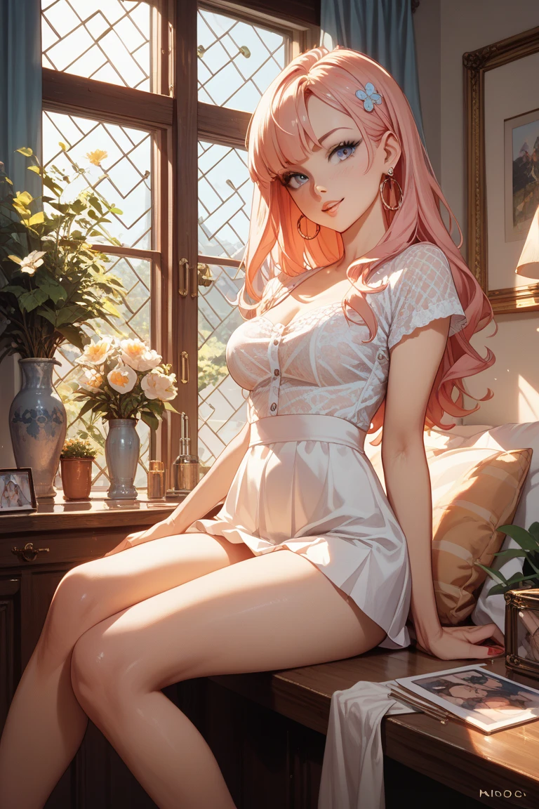 anime, beautiful face, highly detailed face, 2 accurate legs detailed eyes, highly detailed background, perfect lighting, accurate arms, accurate hands, accurate fingers, full body, 1girl, solo, ruby hoshino, oshi no ko, indoors, detailed heels, white detailed thighhighs, outdoor, ina garden of flowers, absurdres, high res, ultrasharp, 8K, masterpiece, looking at viewer, elegant pose, (full body:1.4), smiling with compassion, teasing smile, detailed dress, patterned wedding dress, cleavage, sitting down on a chair