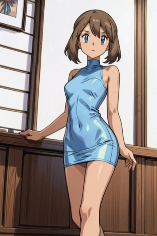 perfect anime illustration, 1 girl, solo, brown hair, short wavy hair, yellow eyes, smiling, bare shoulders, bare arms, beautiful, cleavage, strapless blue skin-tight dress, black high heels, indoor office building background, daytime, walking, highres, full body, bare legs