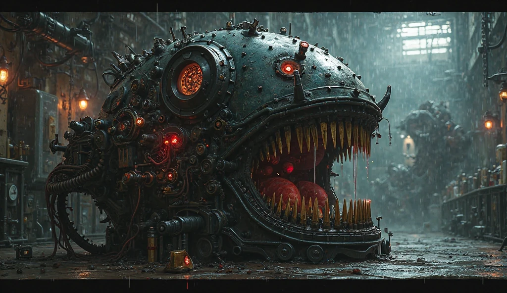 mechanical, anglerfish, 8k photorealistic, cinematic lighting, HD, high details, dramatic, dark atmosphere, great light, perfect composition, vibrant, lush, glossy, elegant, unreal engine, inspired by HR Giger, half body portrait, highly detailed, photo realistic, cinematic, movie still, captured in the style of Sony Alpha A7 III camera